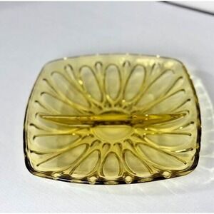 VTG 70s Amber Yellow Divided Relish Candy Nut  Square Serving Dish MCM Retro 7"